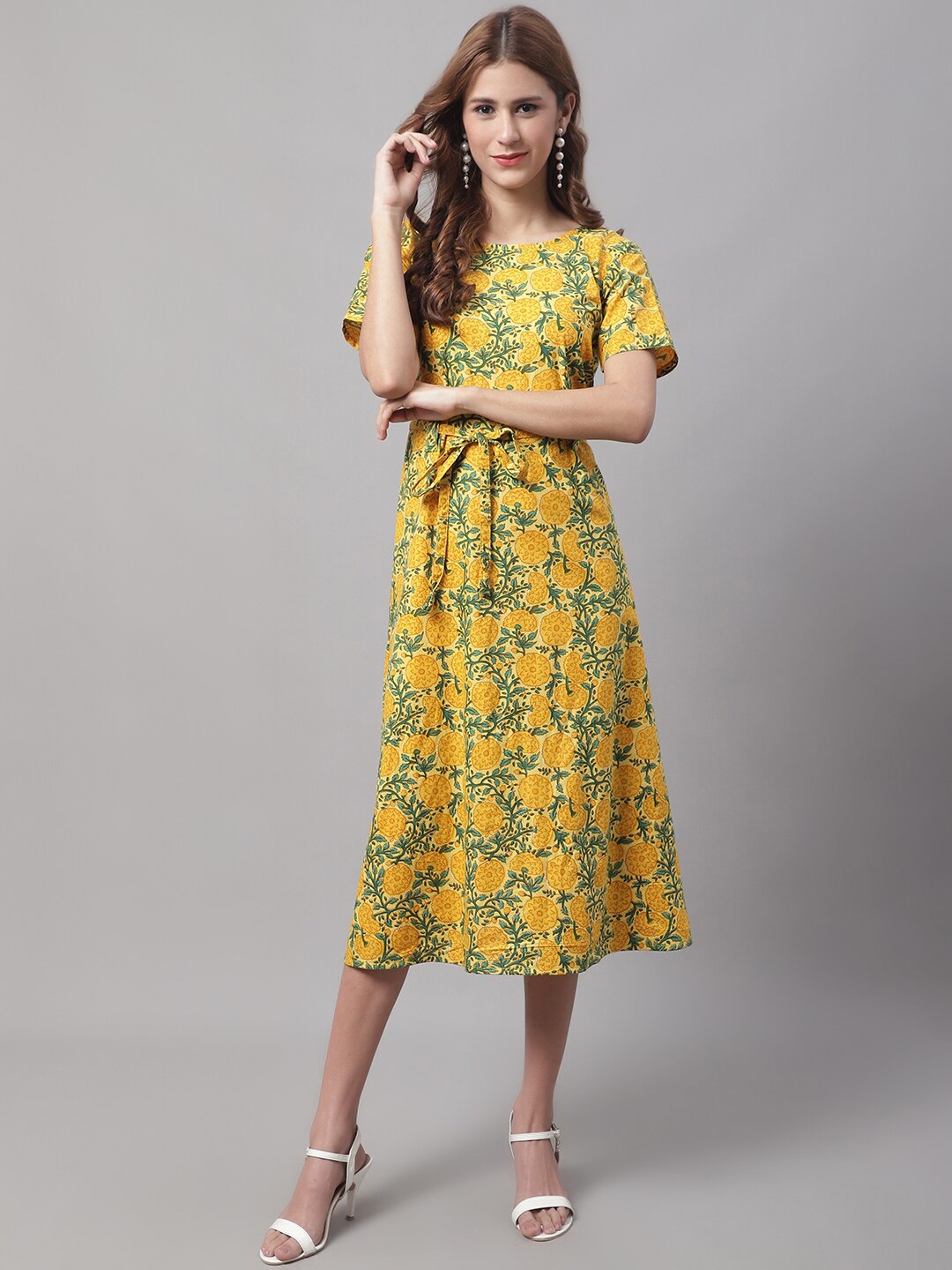 

Enchanted Drapes Floral A-Line Midi Pure Cotton Dress, Yellow