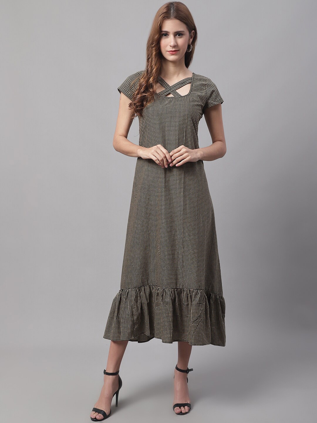 

Enchanted Drapes Checked A-Line Midi Pure Cotton Dress, Beige