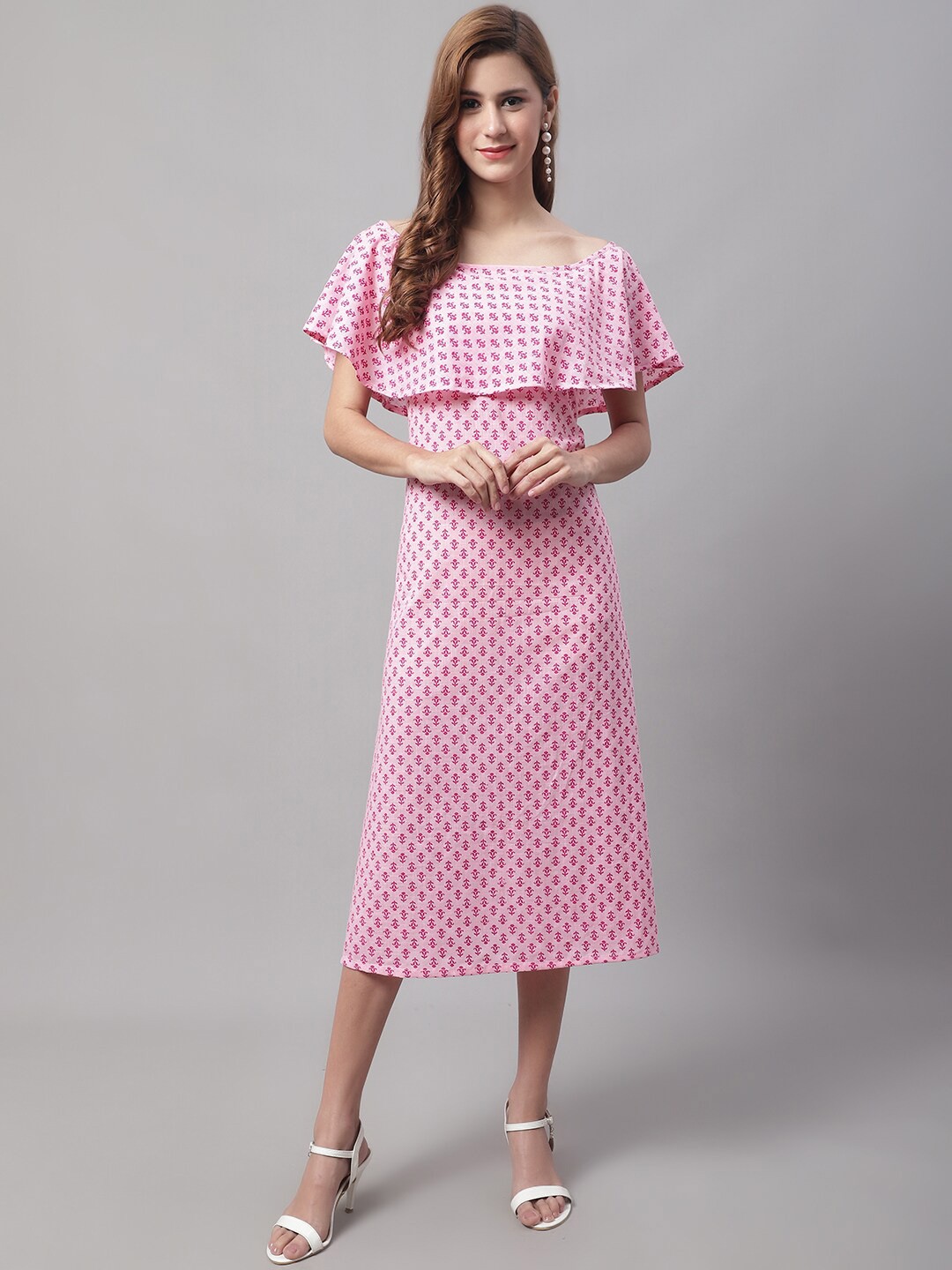 

Enchanted Drapes Cotton Floral Off-Shoulder A-Line Midi Dress, Pink