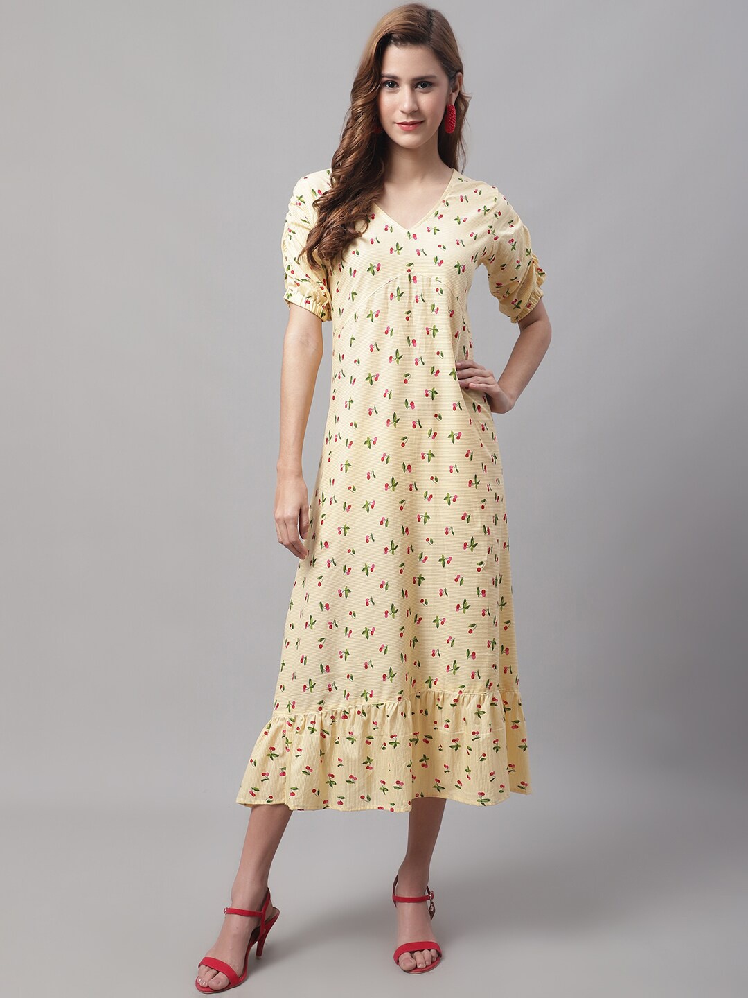 

Enchanted Drapes Cotton Floral A-Line Midi Dress, Yellow