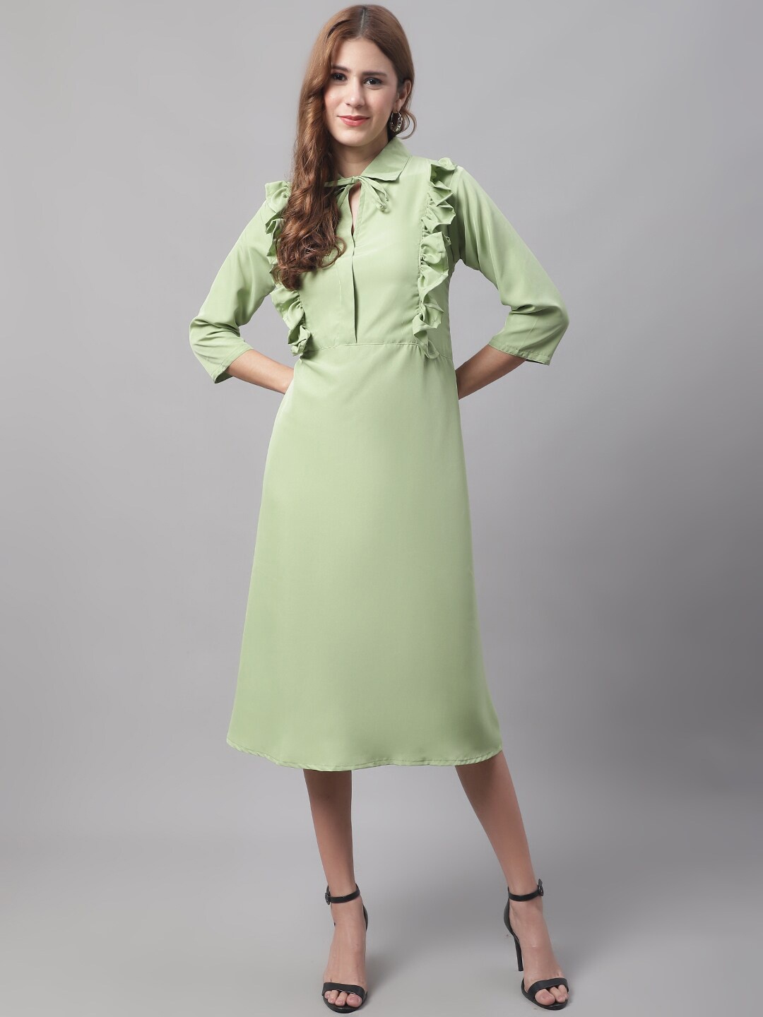 

Enchanted Drapes Ruffled Tie-Up Neck A-Line Midi Dress, Green