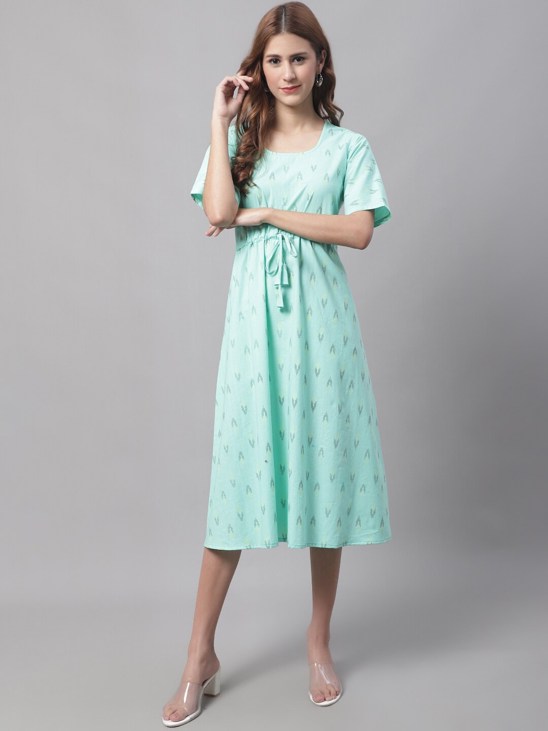 

Enchanted Drapes Printed Round Neck A-Line Cotton Midi Dress, Turquoise blue