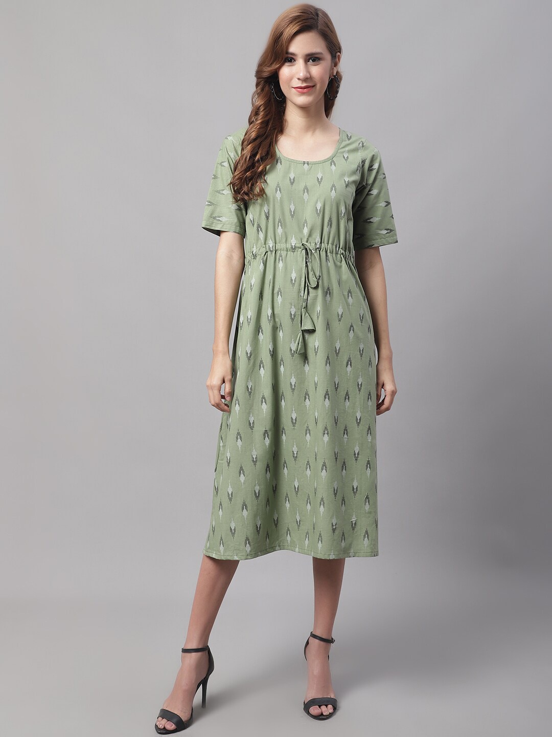 

Enchanted Drapes A-Line Midi Pure Cotton Dress, Olive