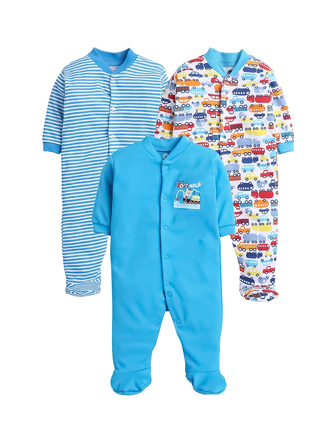 

EIO Infant Kids Pack of 3 Printed Cotton Sleepsuits, Turquoise blue