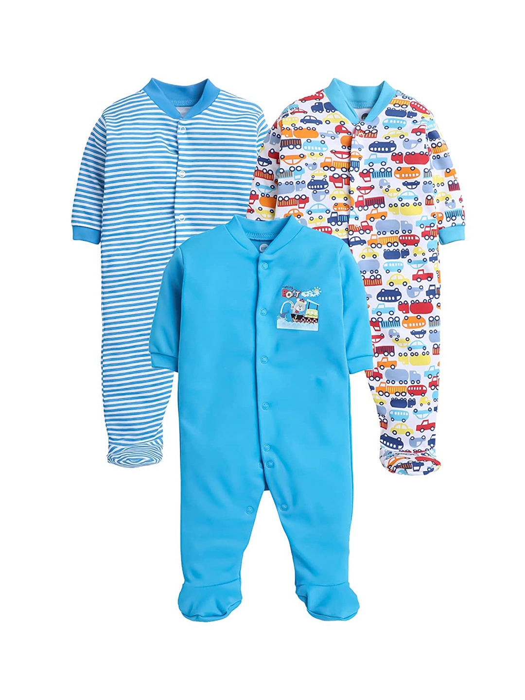 

EIO Infant Kids Pack of 3 Printed Cotton Sleepsuits, Turquoise blue