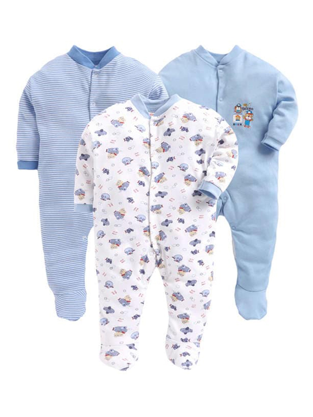 

EIO Infants Pack of 3 Printed Pure Cotton Sleepsuits, Blue