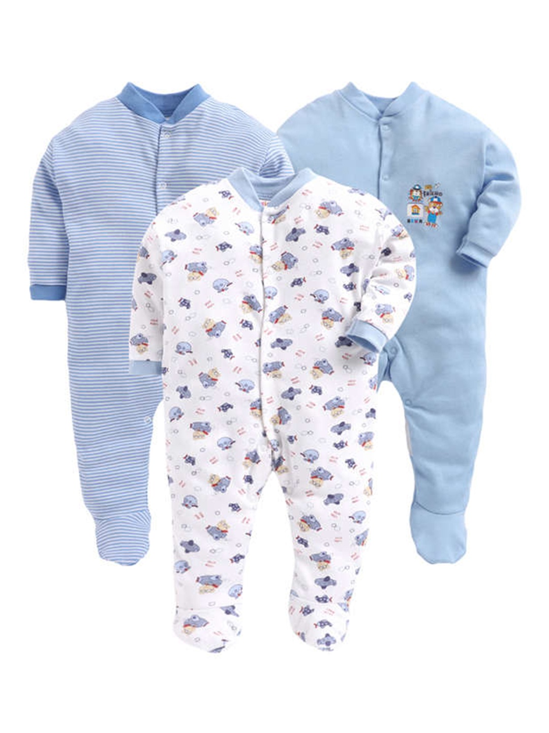 

EIO Infants Pack of 3 Printed Pure Cotton Sleepsuits, Blue