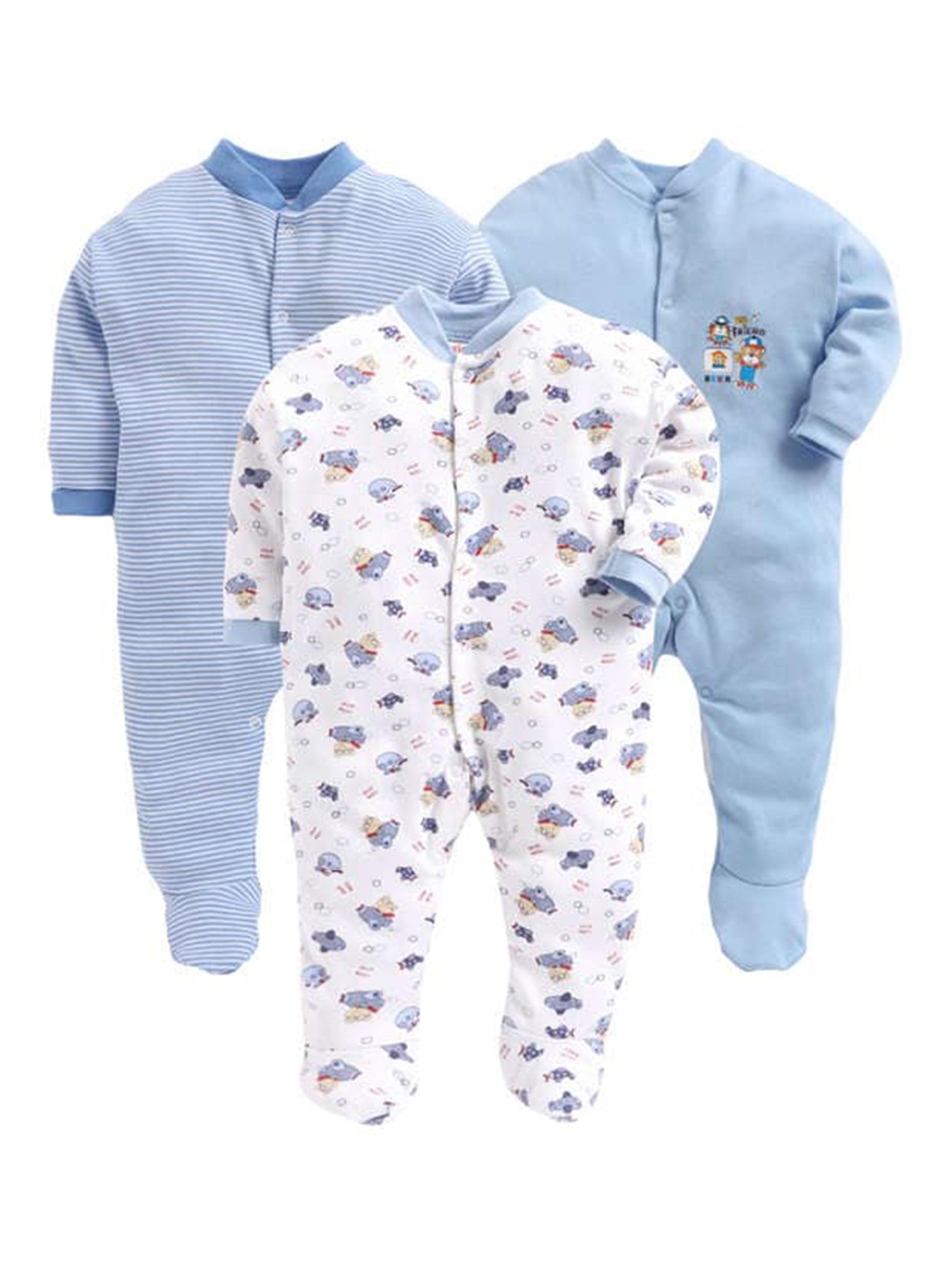 

EIO Infant Kids Pack of 3 Printed Cotton Sleepsuits, Blue