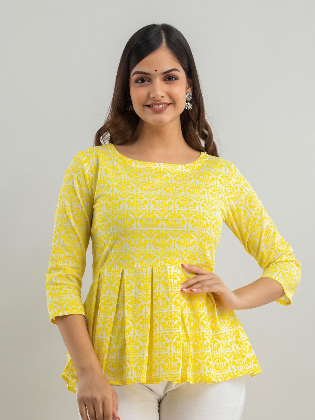 

Women Touch Floral Print Peplum Cotton Top, Yellow