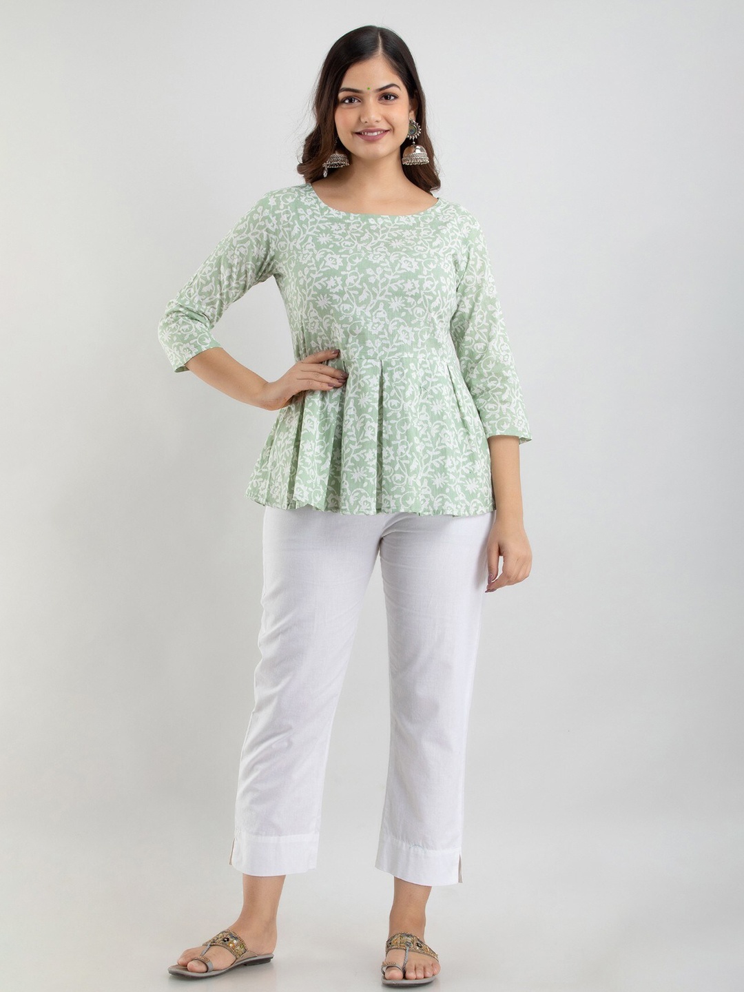 

Women Touch Floral Print Peplum Cotton Top, Sea green