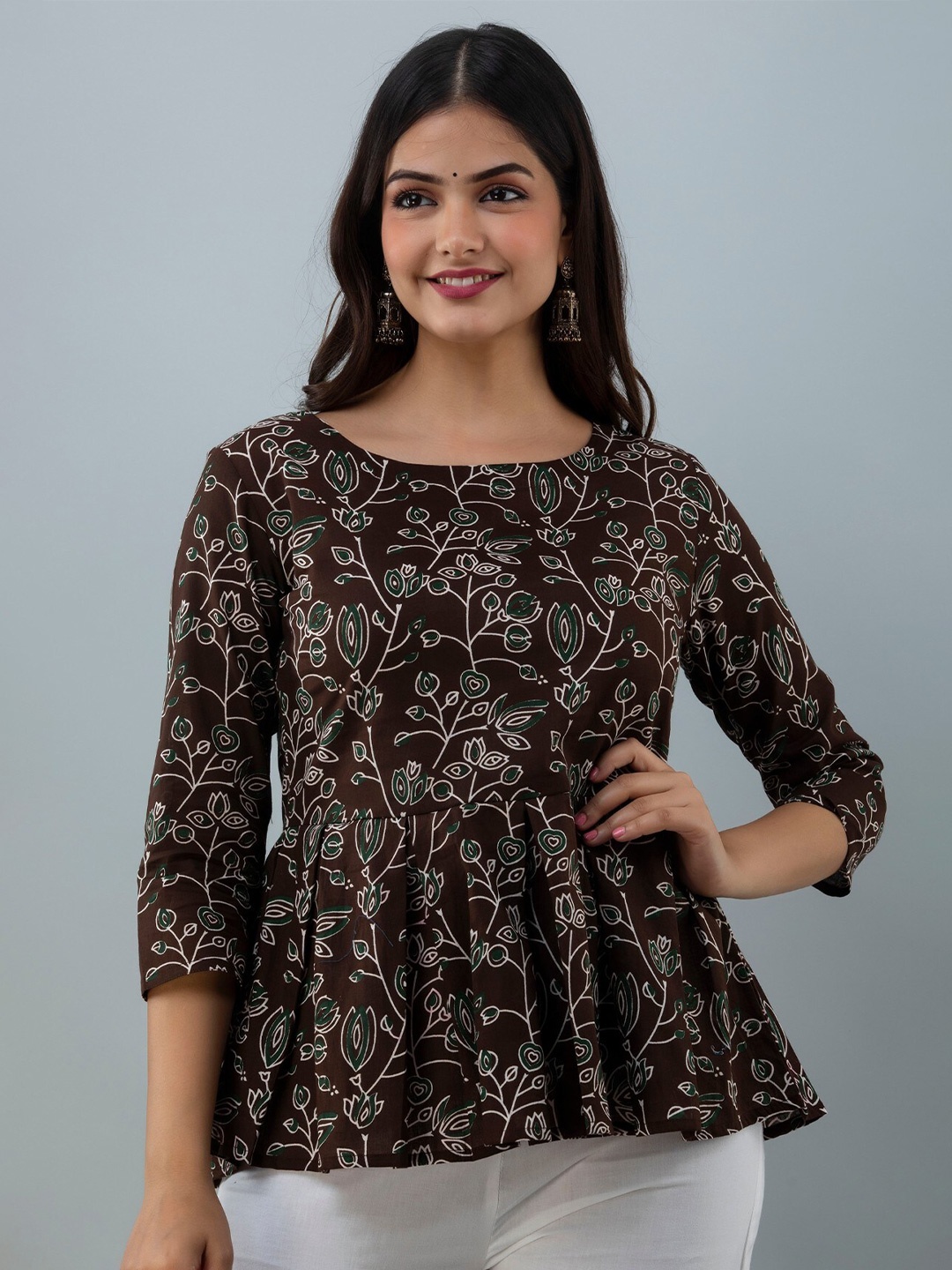 

Women Touch Floral Print Peplum Cotton Top, Brown