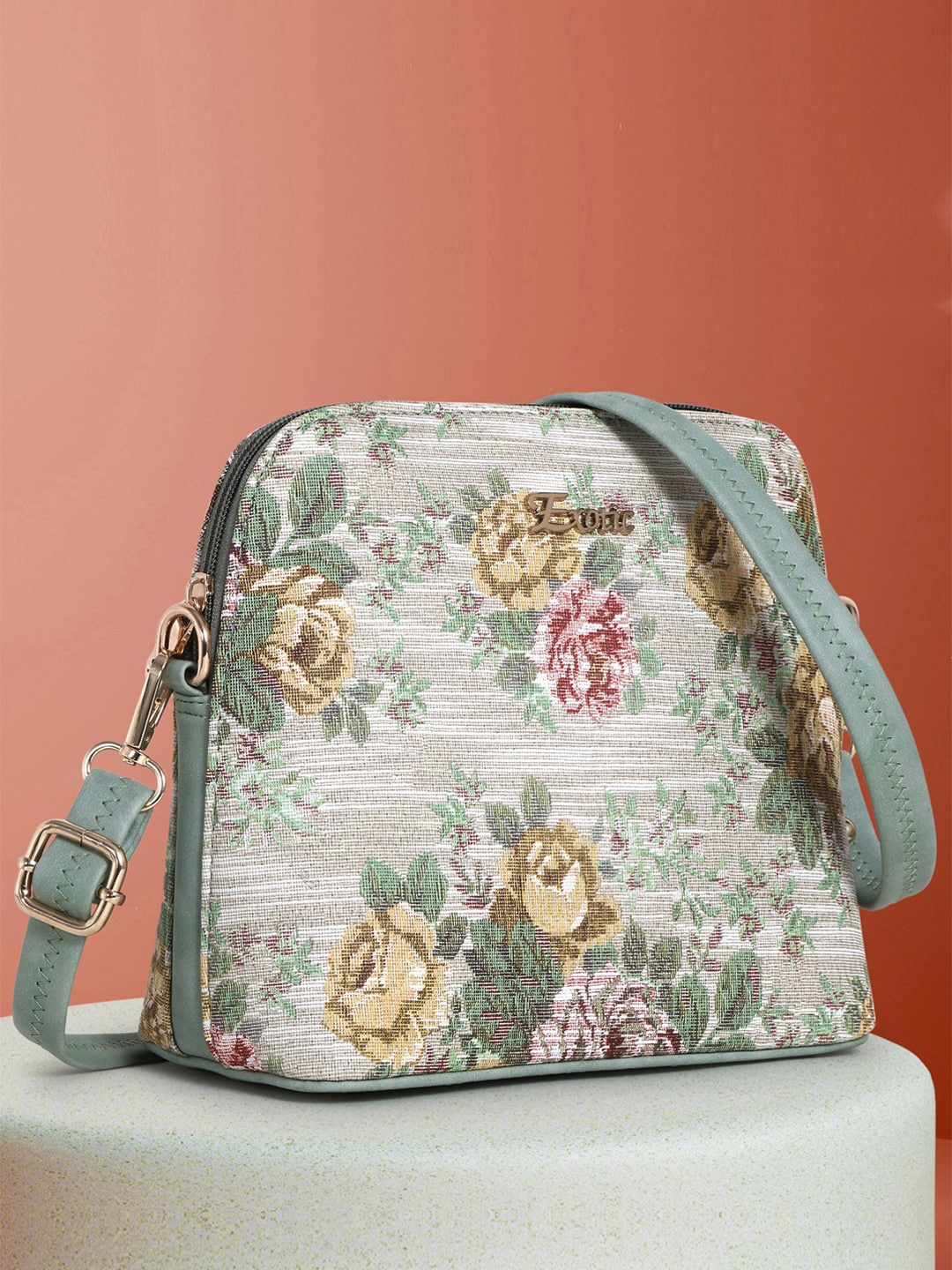 

Exotic Floral Printed Structured Sling Bag, Green