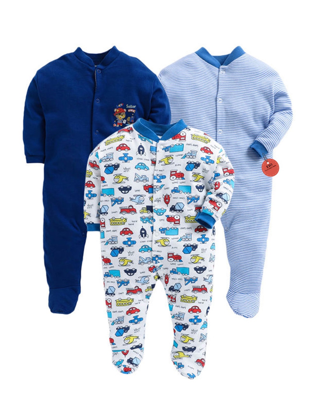 

EIO Infant Kids Pack of 3 Printed Cotton Sleepsuits, Blue