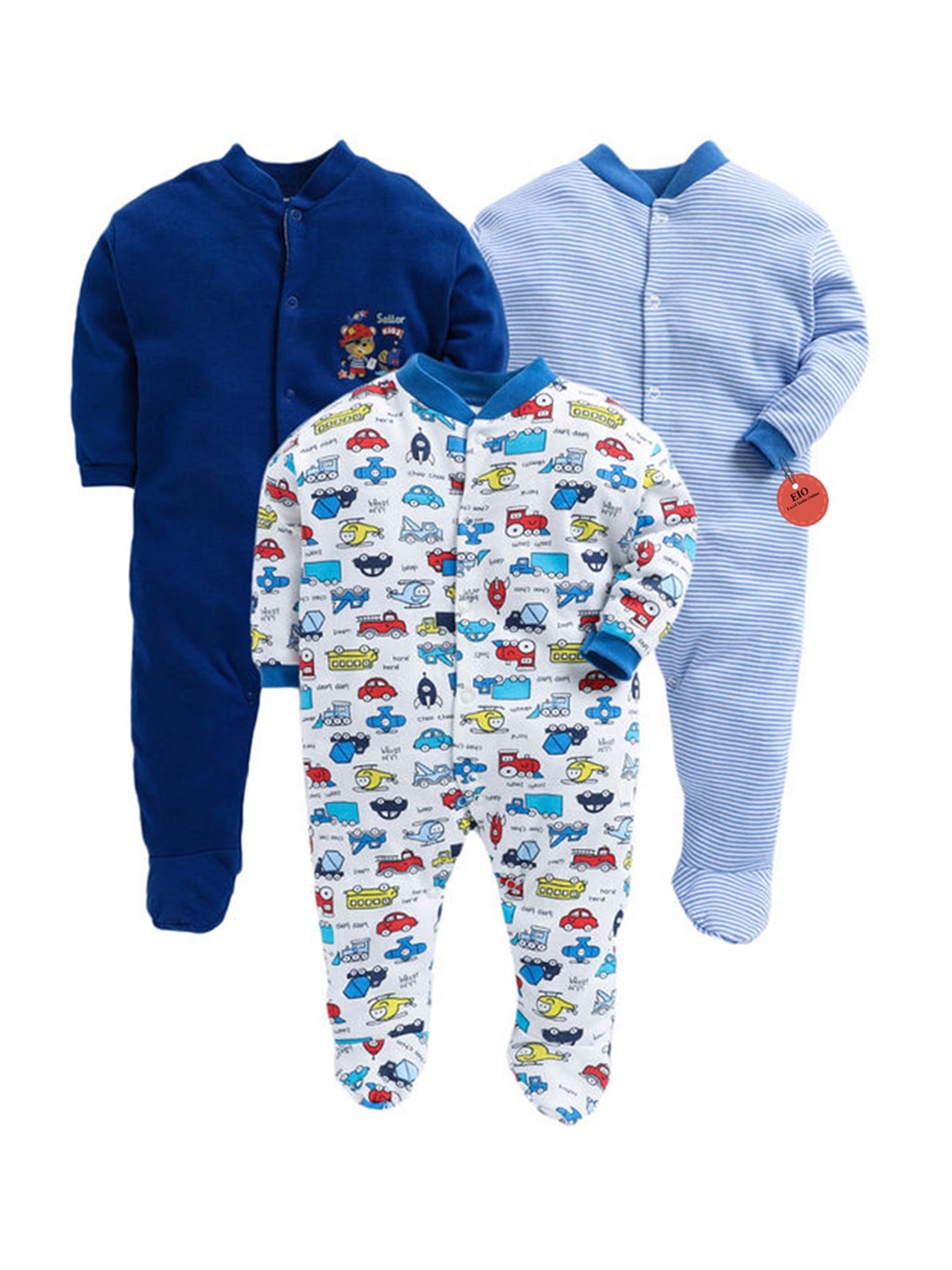 

EIO Infants Pack of 3 Printed Pure Cotton Sleepsuits, Blue