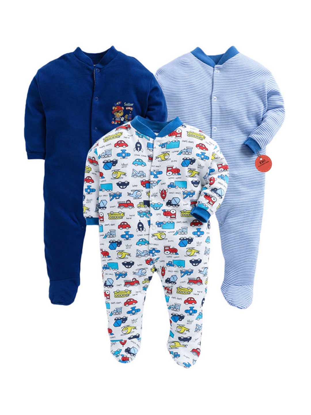 

EIO Infants Pack of 3 Printed Pure Cotton Sleepsuits, Blue