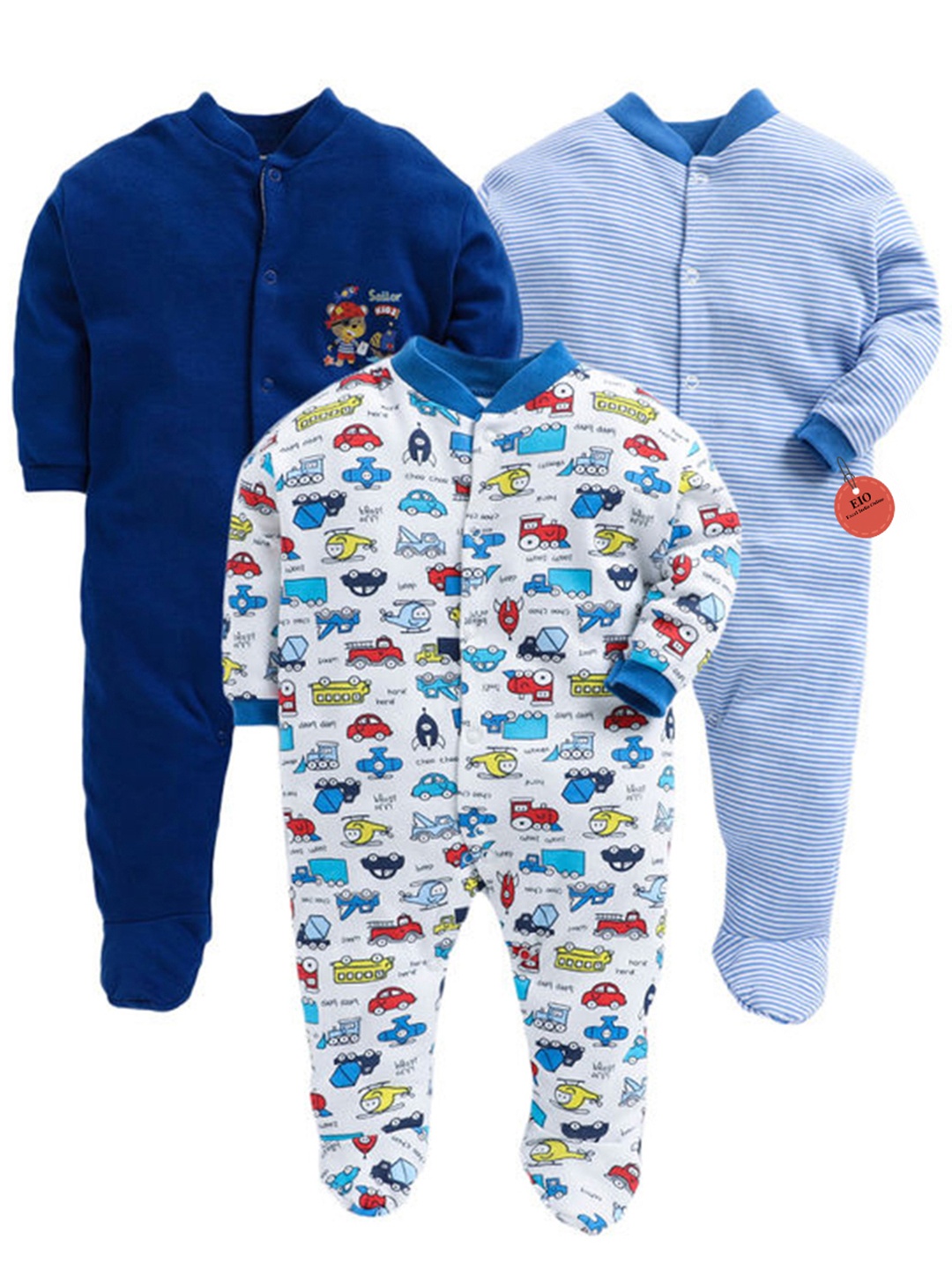 

EIO Infants Pack of 3 Printed Pure Cotton Sleepsuit, Blue