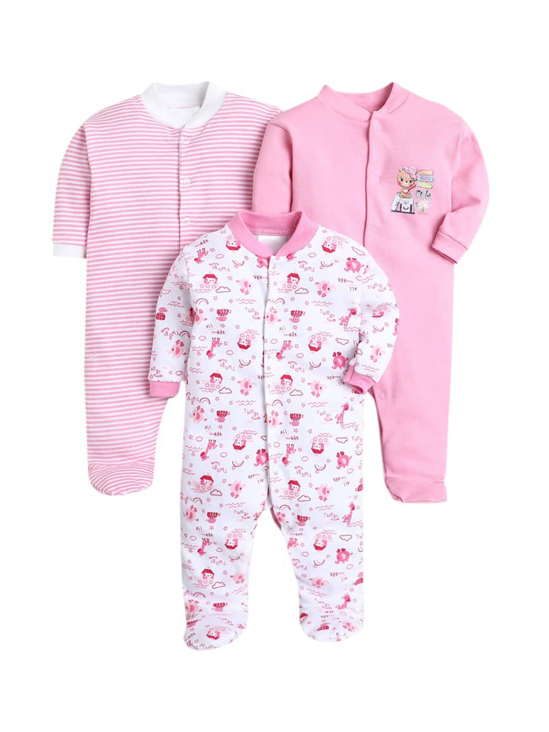 

EIO Infants Pack of 3 Printed Pure Cotton Sleepsuits, Pink