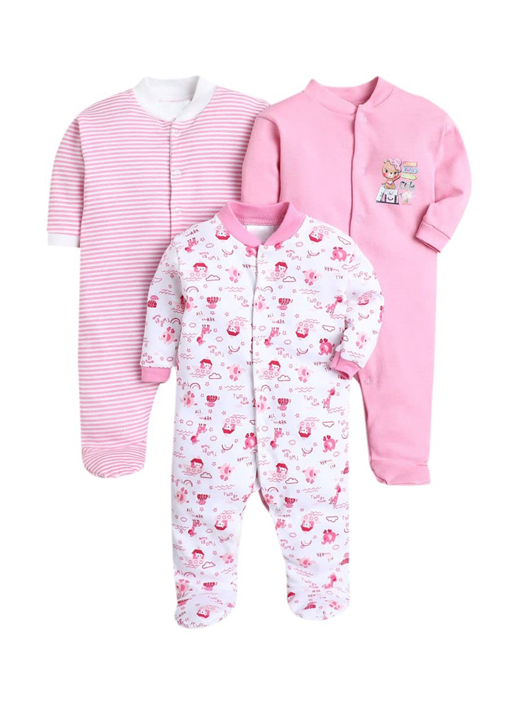 

EIO Infant Kids Pack of 3 Printed Cotton Sleepsuits, Pink