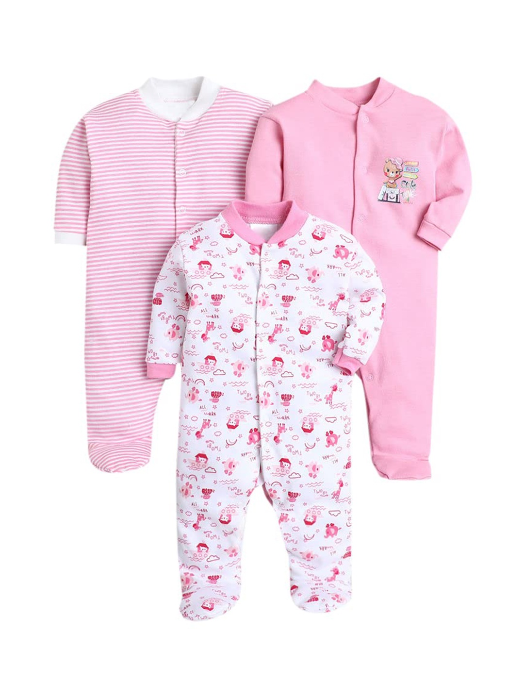 

EIO Infants Pack of 3 Printed Pure Cotton Sleepsuits, Pink