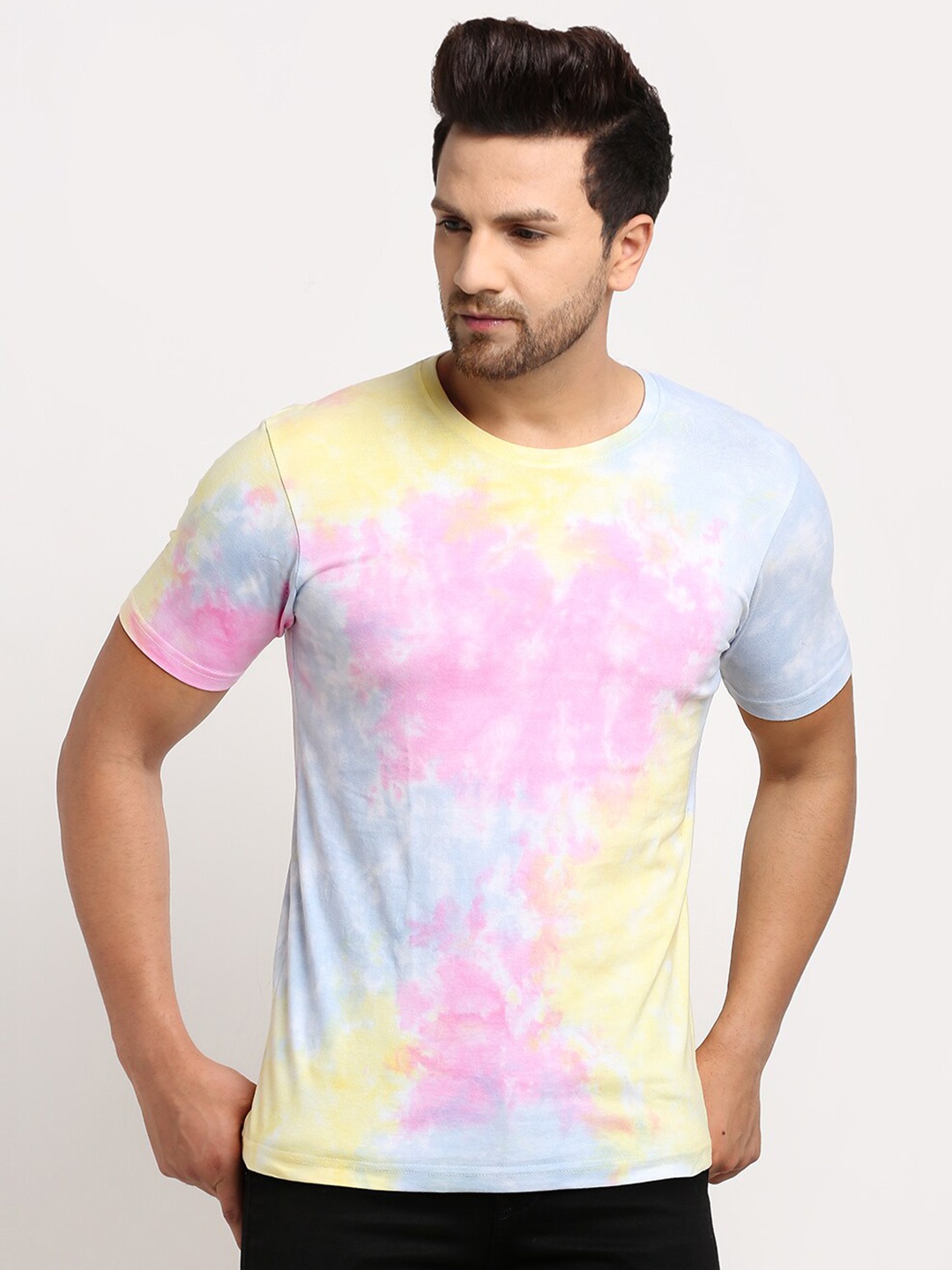 

Ennoble Men Tie and Dye Round Neck Pure Cotton T-shirt, Yellow