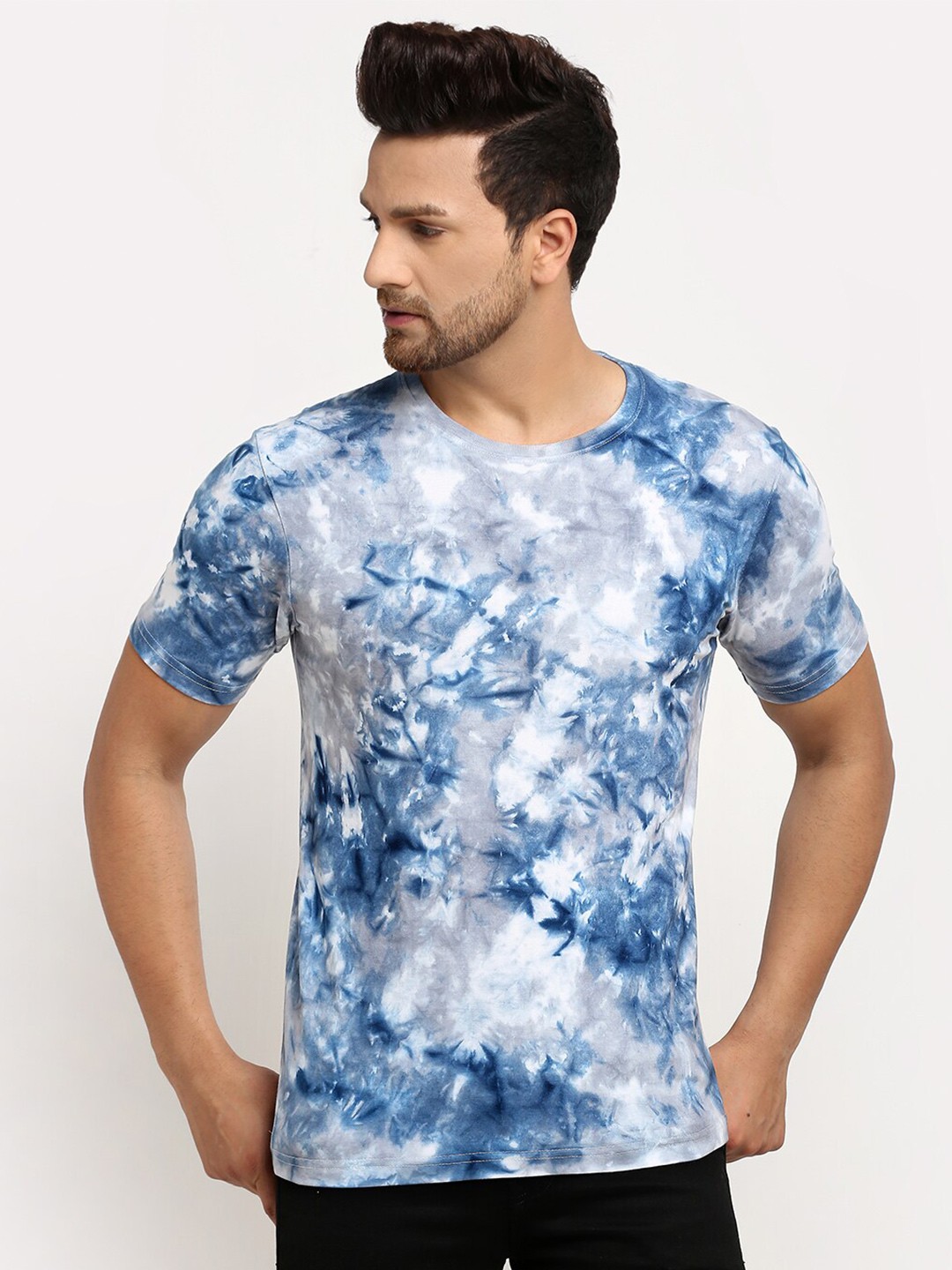 

Ennoble Men Round Neck Tie and Dyed Pure Cotton T-shirt, Blue
