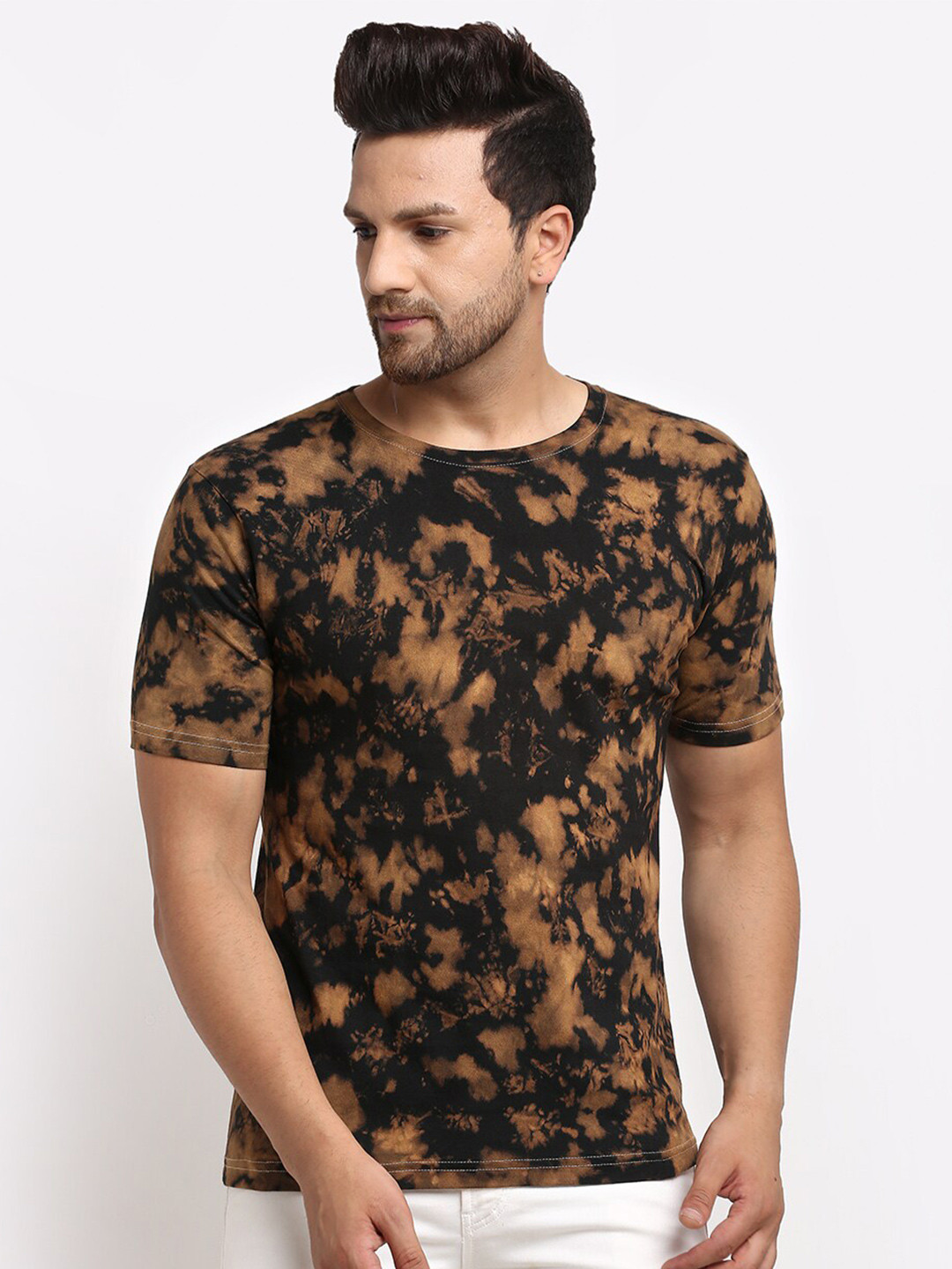 

Ennoble Men Tie and Dye Round Neck Short Sleeve Pure Cotton T-shirt, Black
