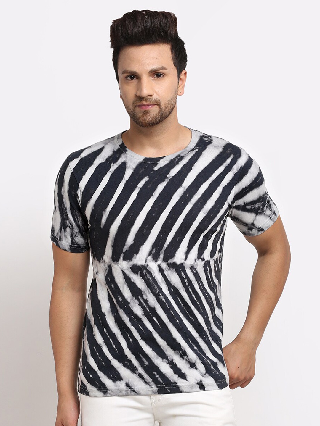 

Ennoble Men Tie and Dye Round Neck Short Sleeve Pure Cotton T-shirt, Black