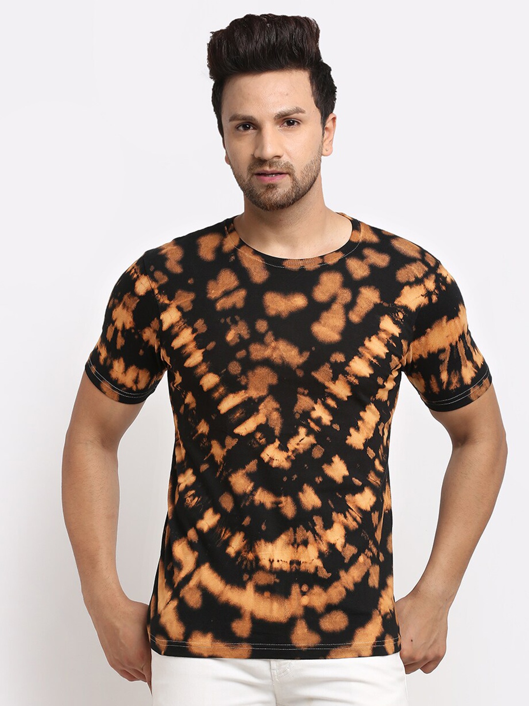

Ennoble Men Tie and Dye Round Neck Short Sleeve Pure Cotton T-shirt, Black