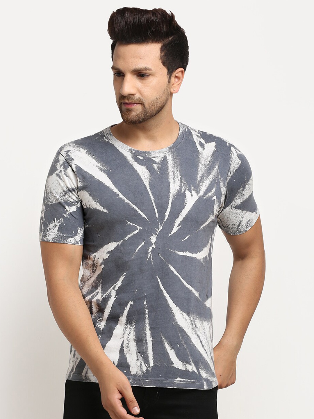 

Ennoble Men Tie and Dye Pure Cotton T-shirt, Grey