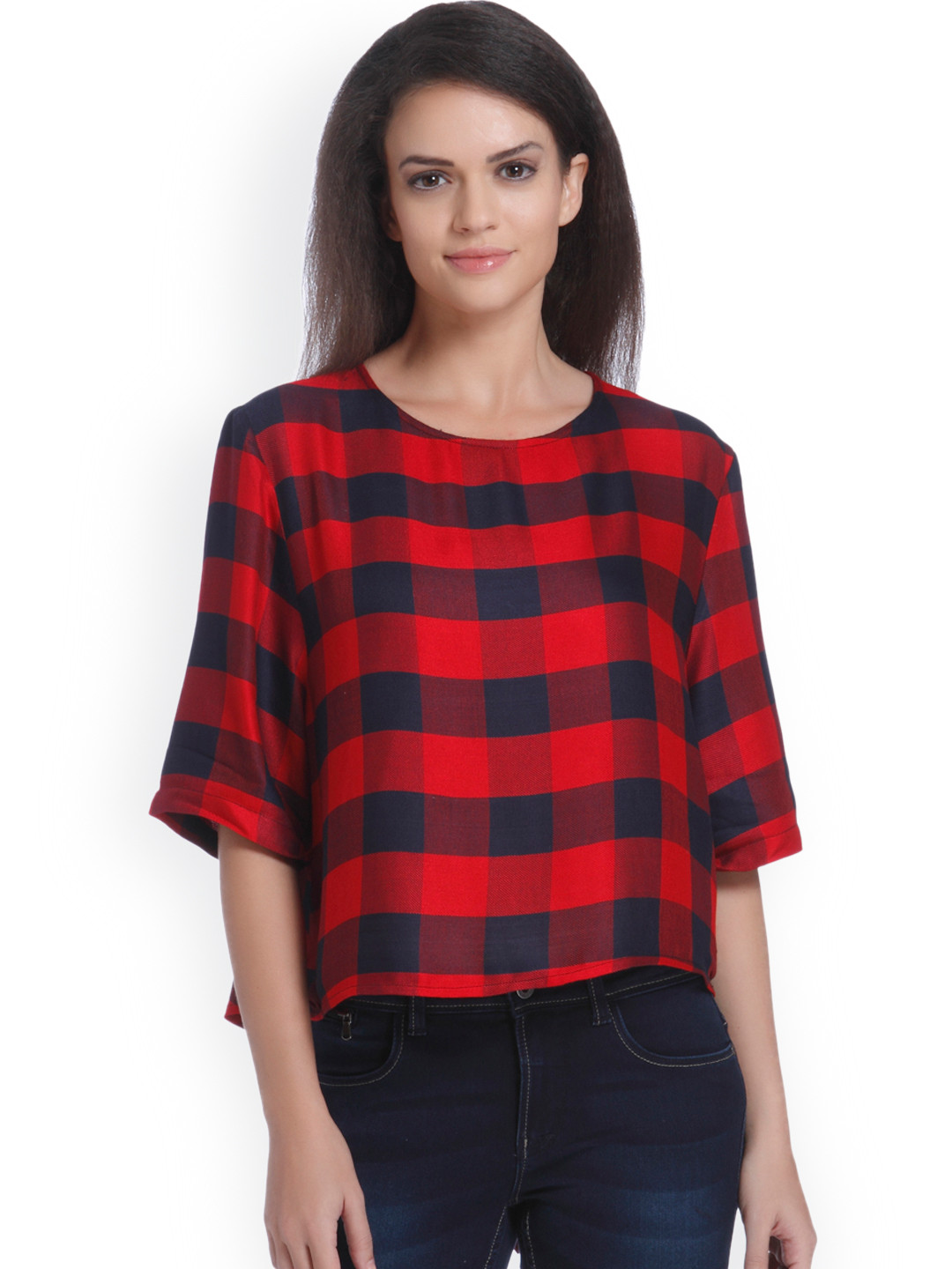 

ONLY Women Red & Navy Checked Styled Back Top