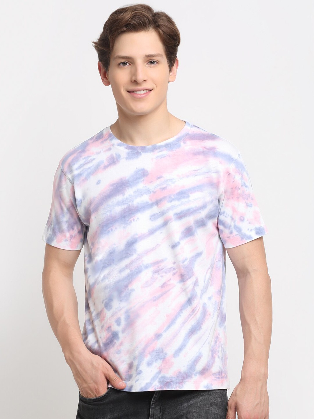 

Ennoble Men Tie and Dye Drop-Shoulder Cotton T-shirt, White
