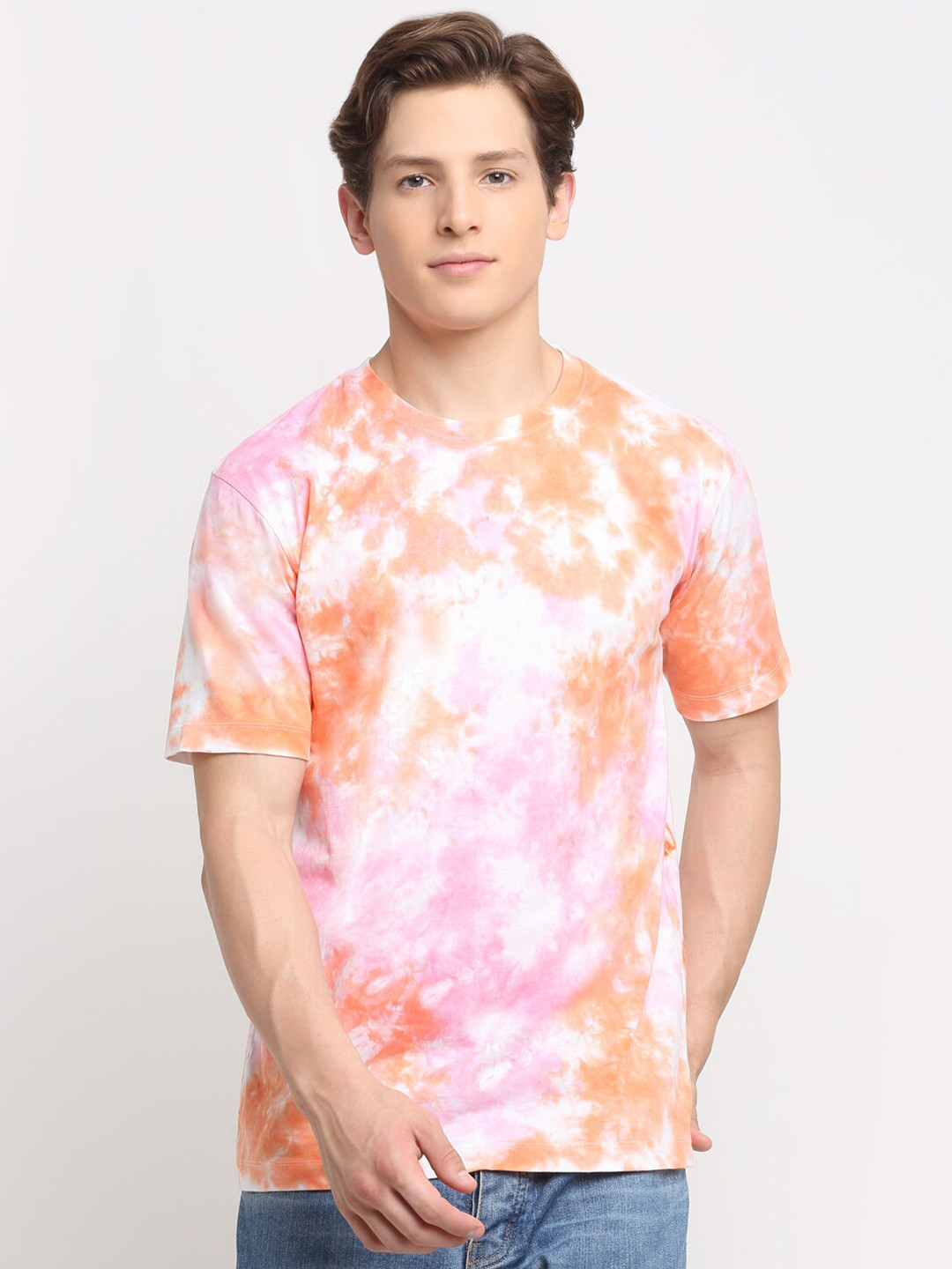 

Ennoble Men Cotton Tie and Dye Round Neck T-shirt, Orange