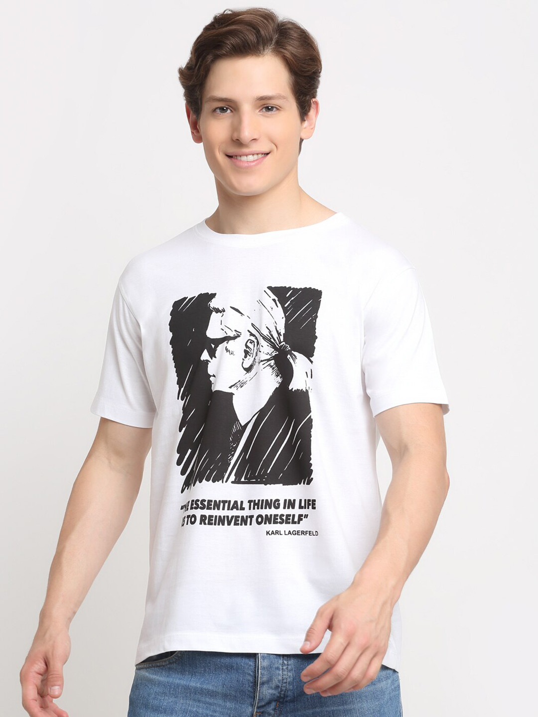 

Ennoble Men Cotton Graphic Printed Round Neck T-shirt, White