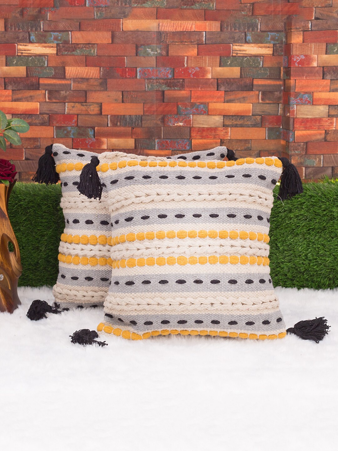 

KRAVIKA White & Black Set of 2 Self Design Square Cotton Cushion Covers