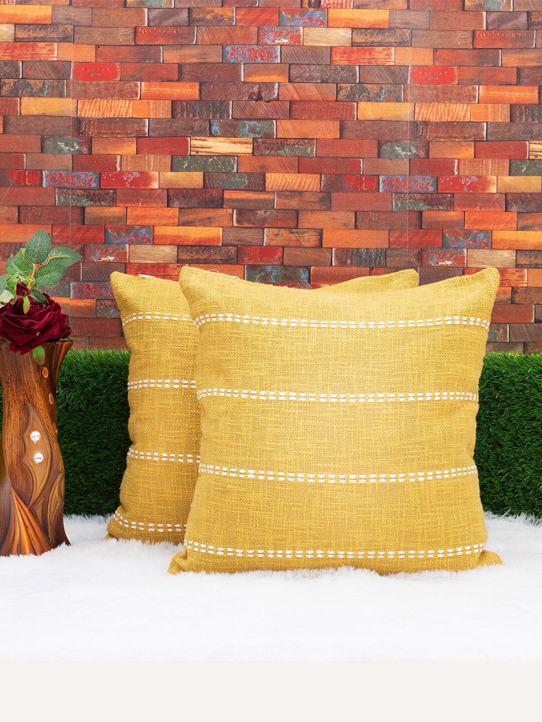 

KRAVIKA Yellow & White Set of 2 Striped Embroidered Square Cushion Covers