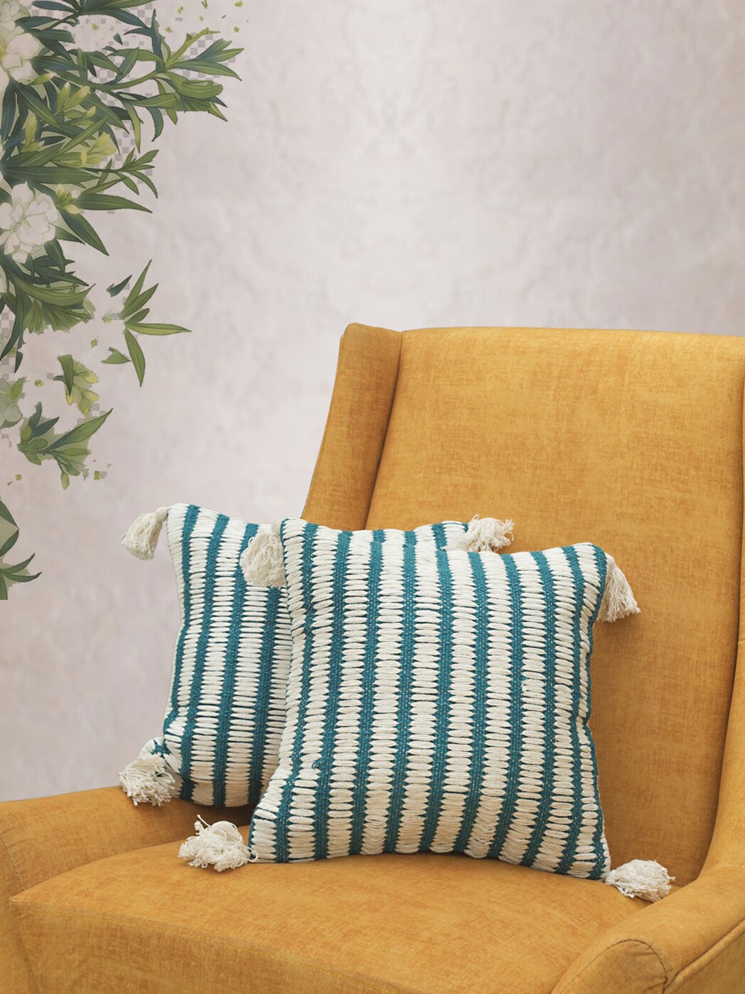 

KRAVIKA Green & White Set of 2 Self Design Square Cotton Cushion Covers
