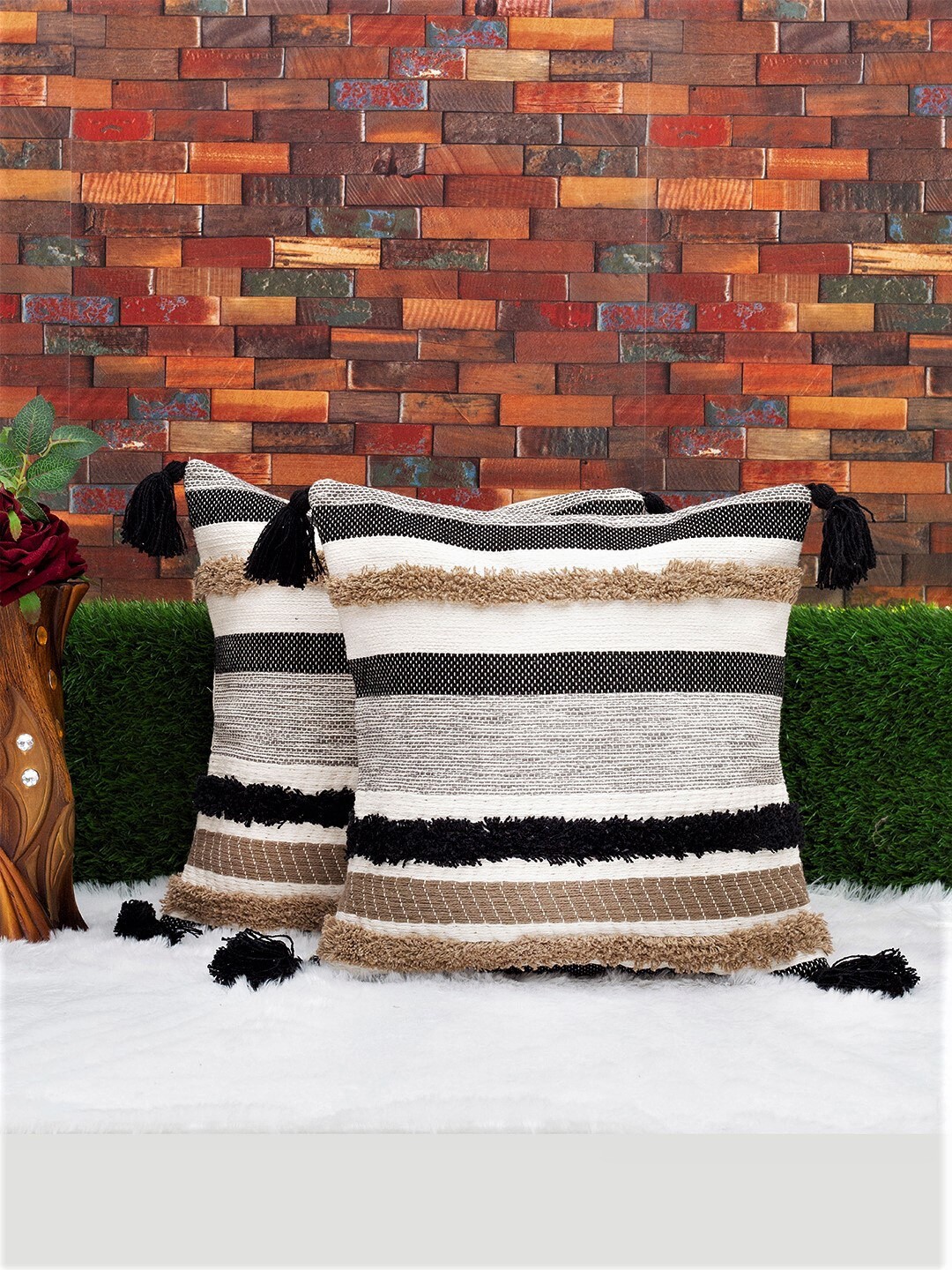 

KRAVIKA White & Black Set of 2 Self Design Square Cotton Cushion Covers