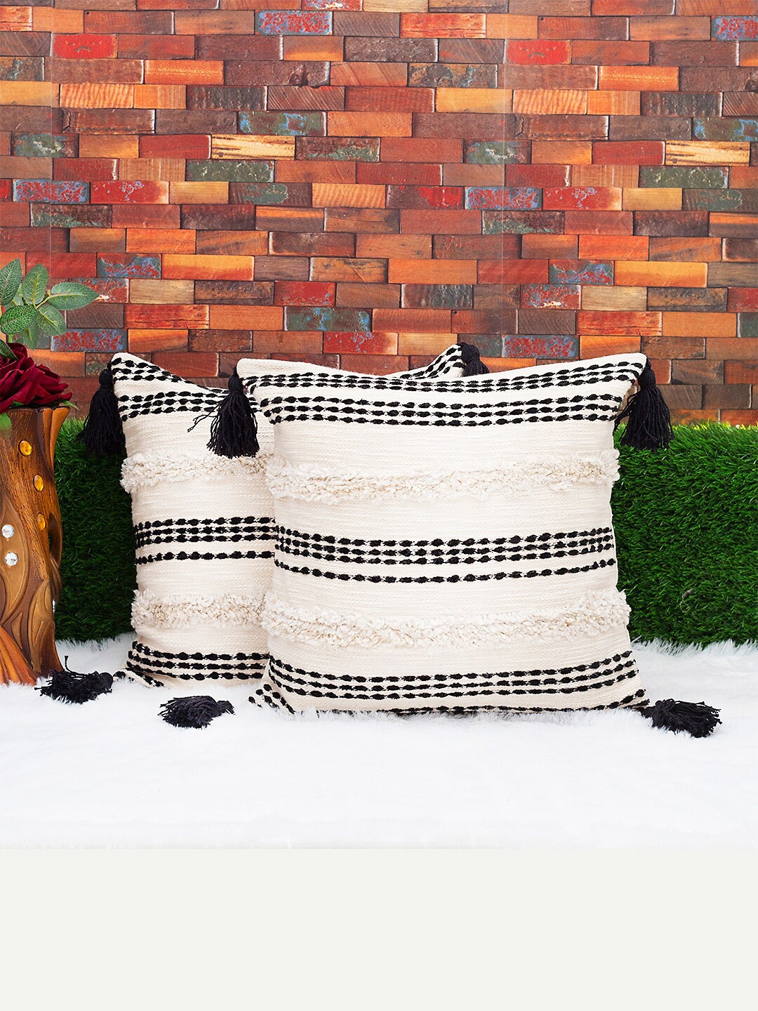 

KRAVIKA White & Black Set of 2 Self Design Square Cotton Cushion Covers