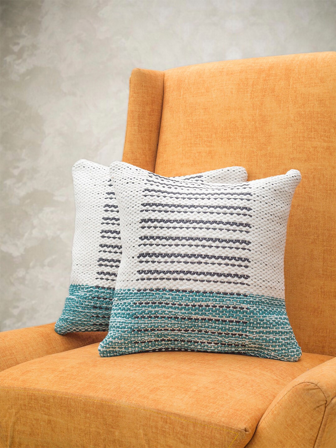 

KRAVIKA White & Blue Set of 2 Self Design Square Cotton Cushion Covers