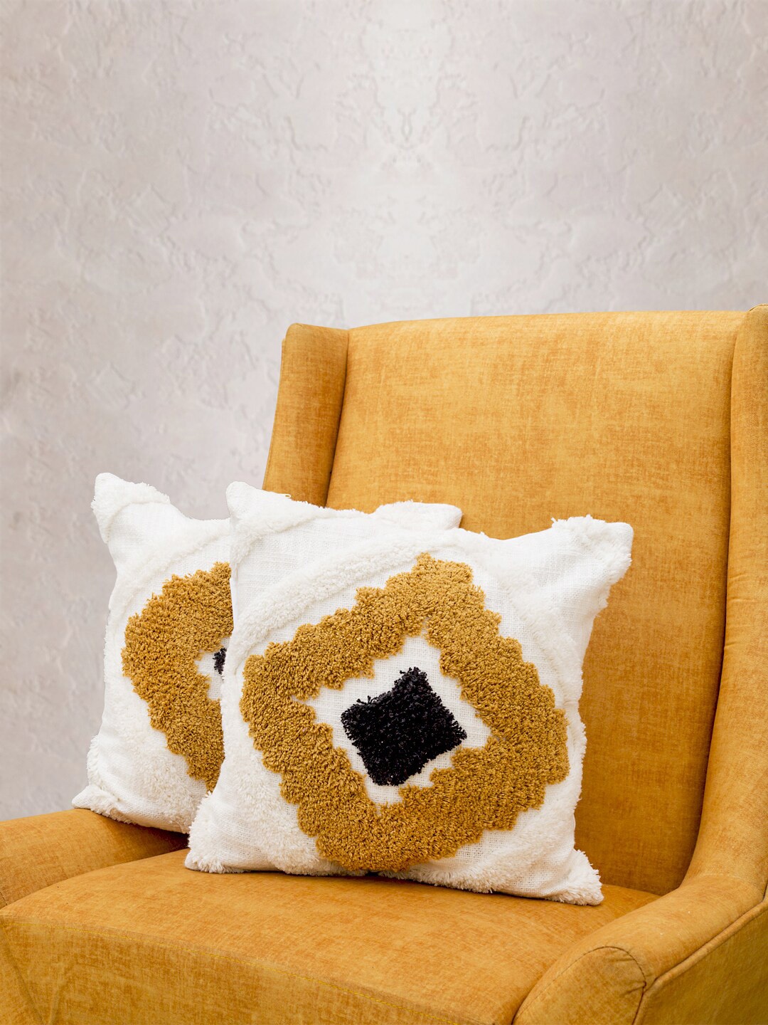 

KRAVIKA White & Yellow Set of 2 Self Design Square Cotton Cushion Covers