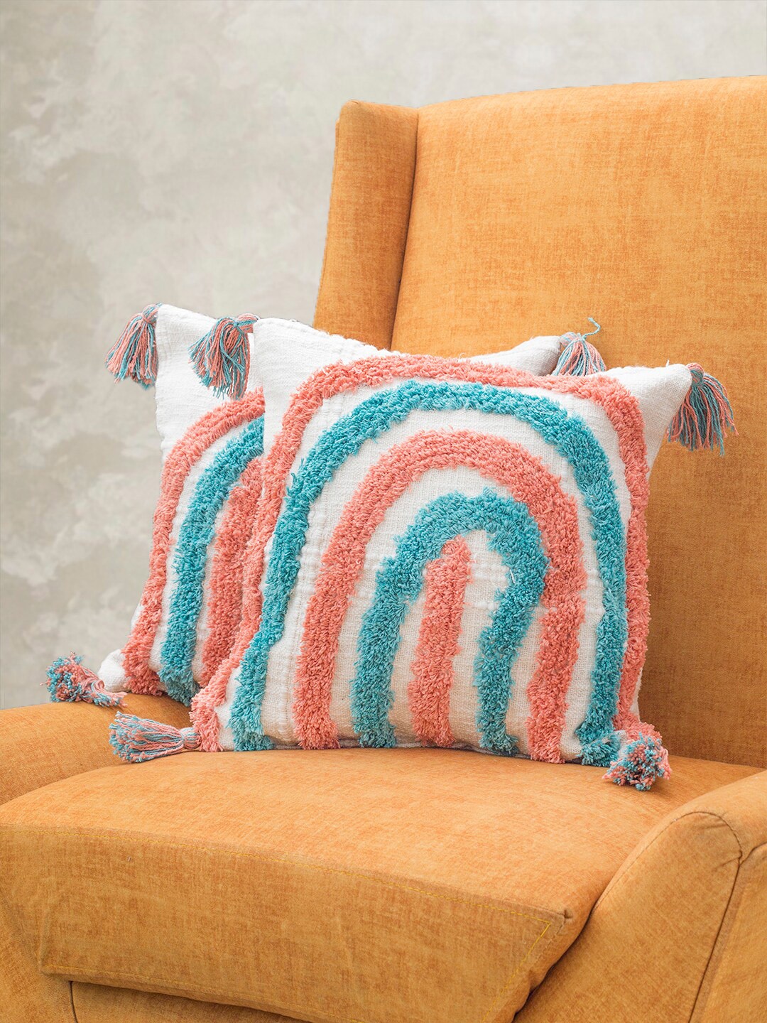 

KRAVIKA White & Blue Set of 2 Self Design Square Cotton Cushion Covers