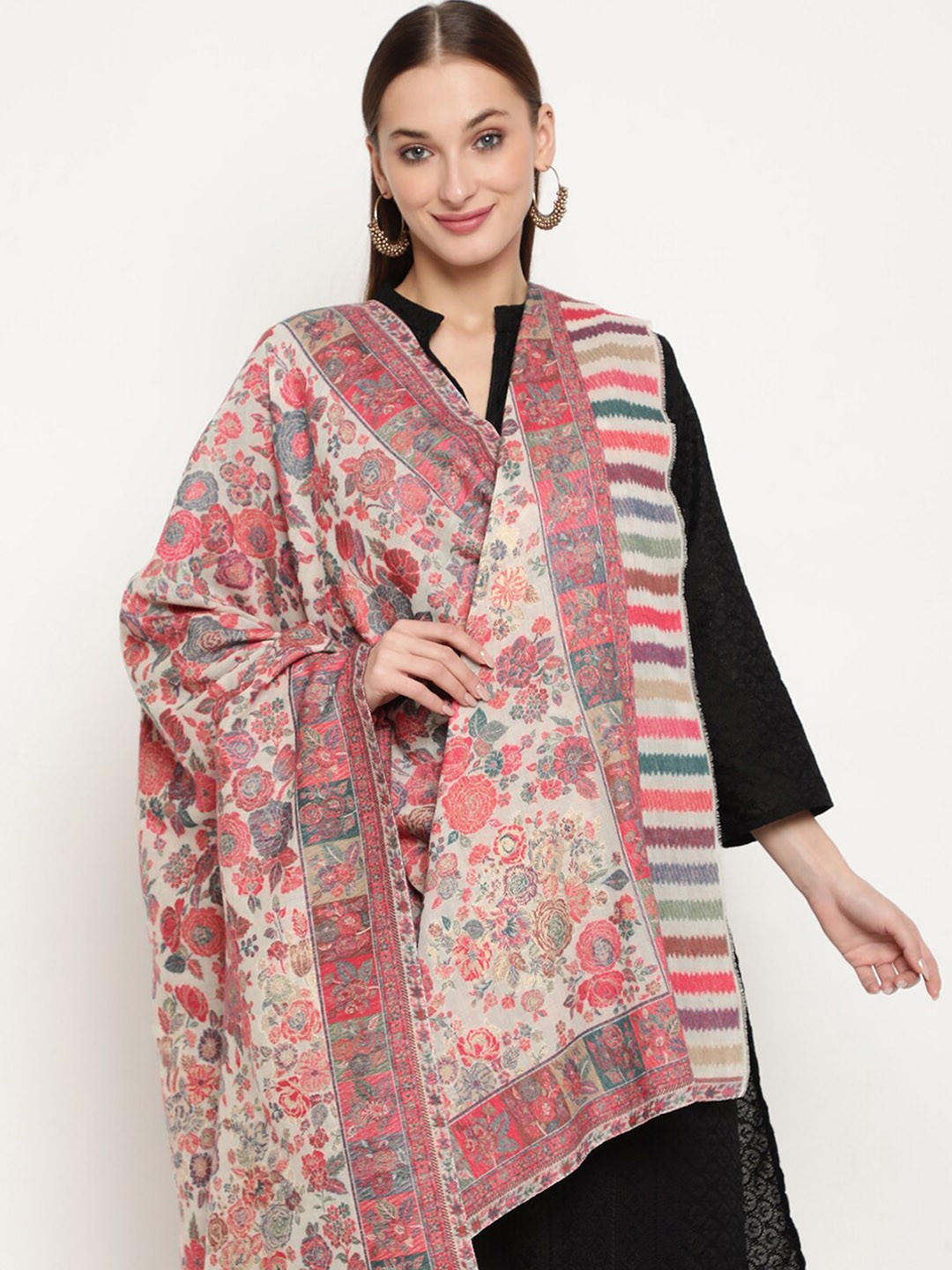 

La Vastraa Women Woven Design Pure Wool Shawl, White