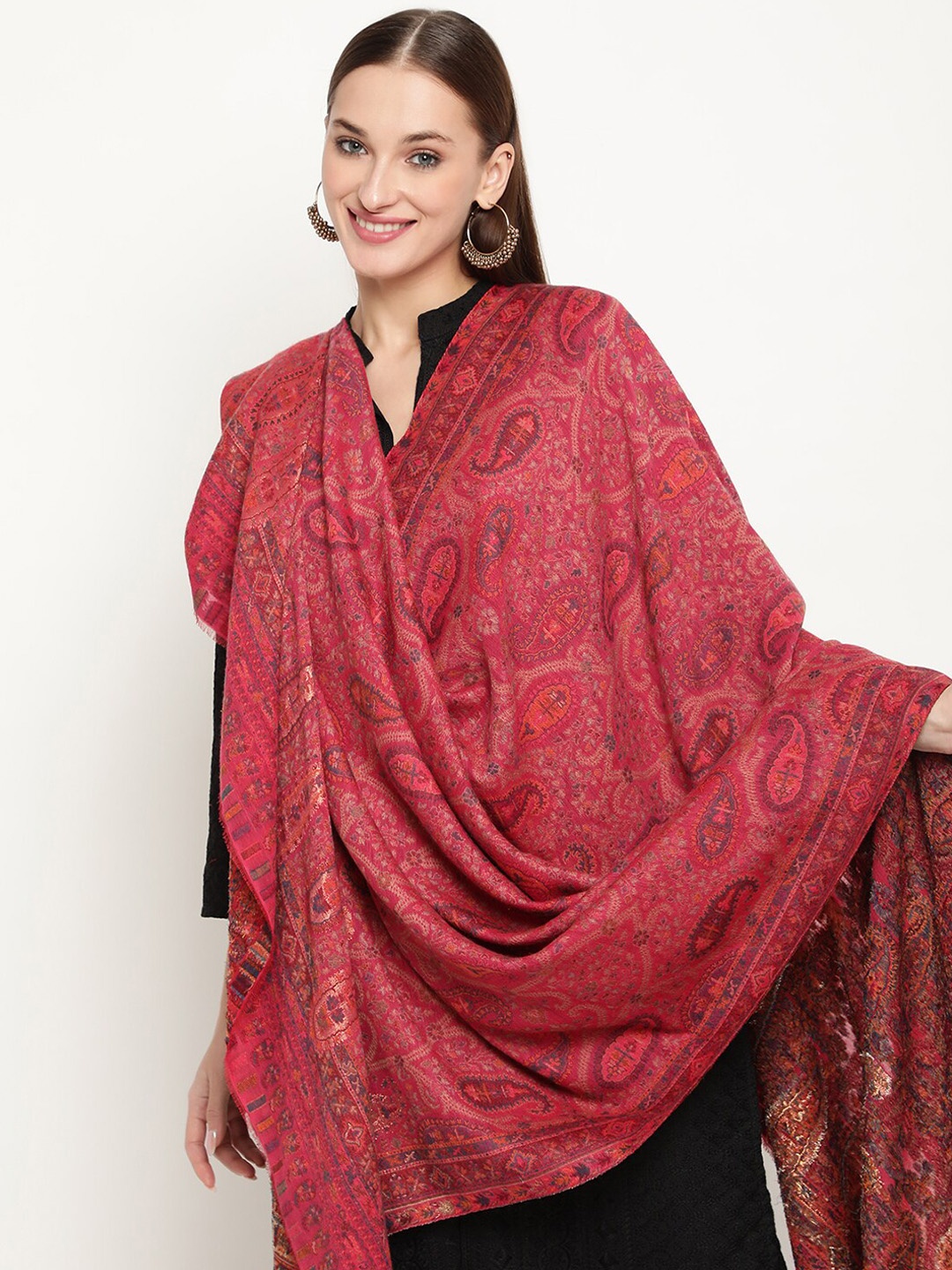 

La Vastraa Women Paisley Zari Woven Pure Wool Shawl, Pink