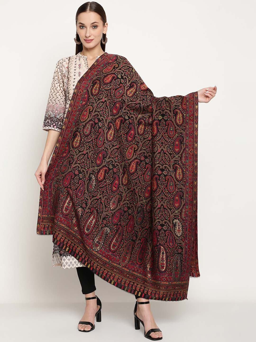 

La Vastraa Women Woven Design Pure Wool Shawl, Black