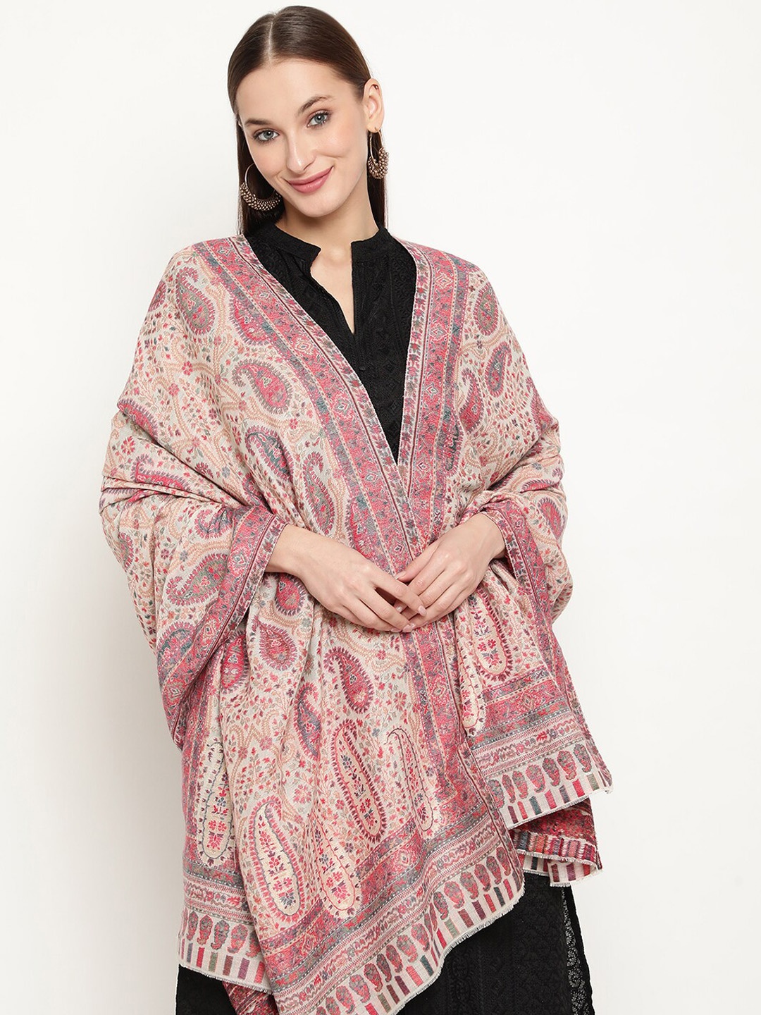 

La Vastraa Women Woven Design Pure Wool Shawl, White