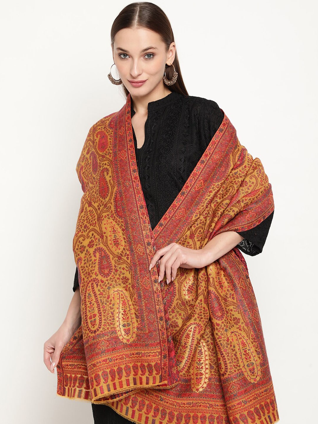 

La Vastraa Women Zari Woven Design Woollen Shawl, Mustard