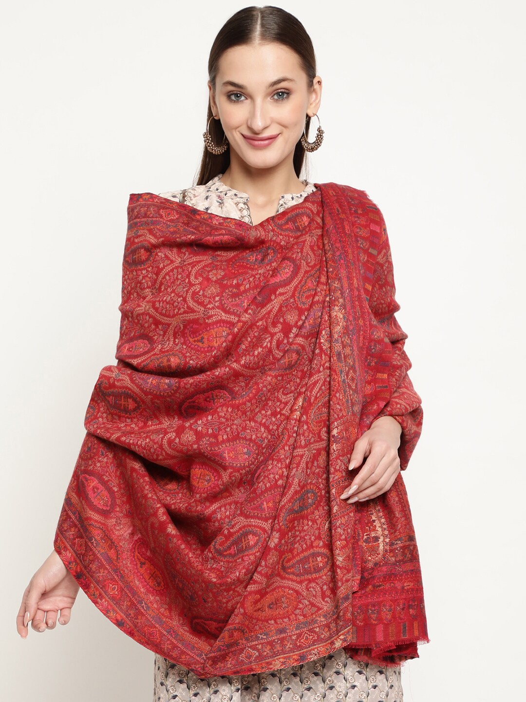

La Vastraa Women Woven-Design Gold Zari Pure Wool Shawl, Red