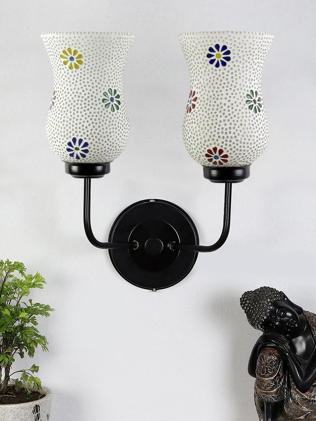 

Devansh White & Blue Dual Textured Mosaic Glass Shade Wall Mounted Metal Lamp With Iron Base