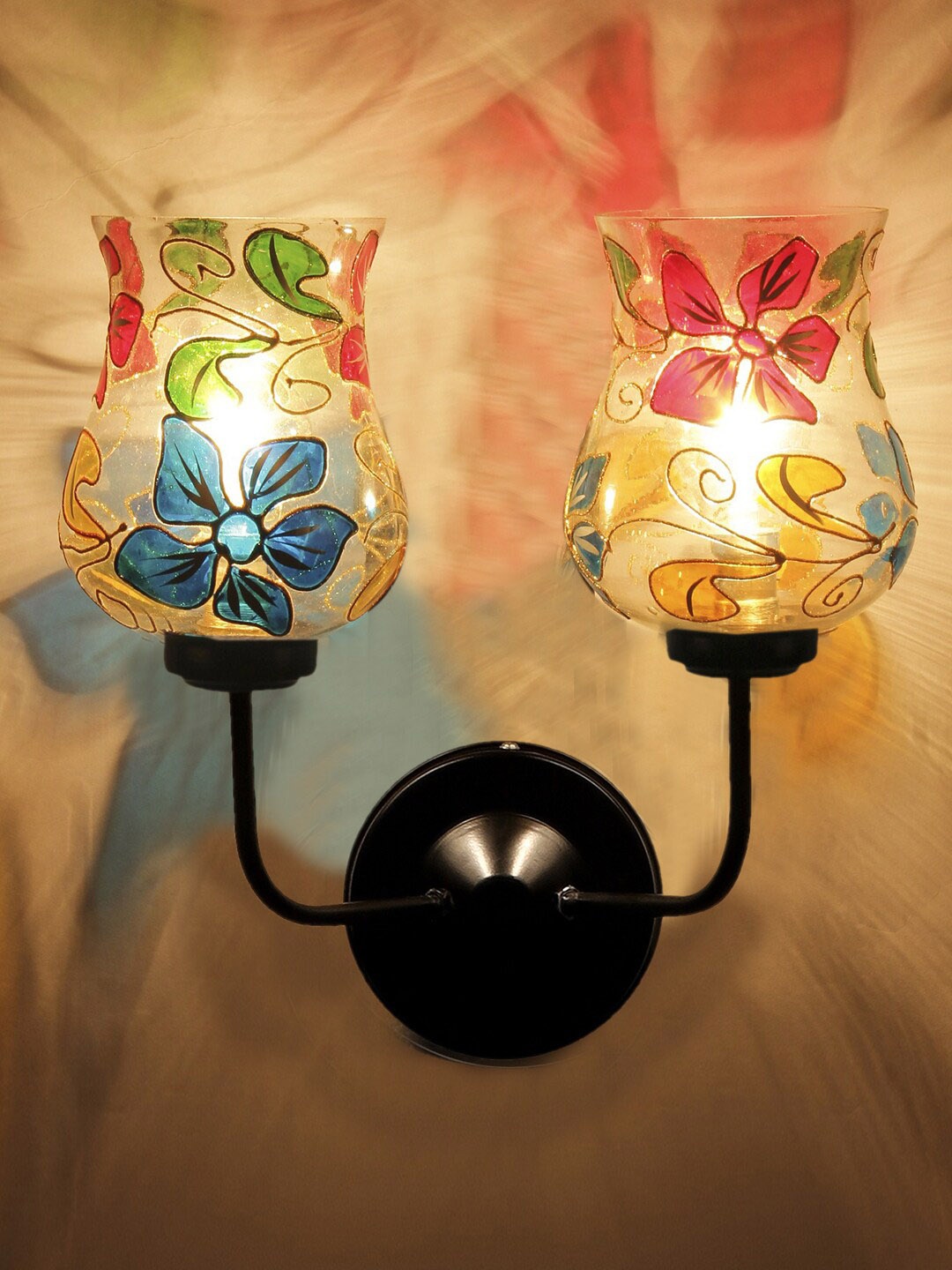 

Devansh Blue & Red Floral Printed Mosaic Dual Glass Shade Wall Mounted Lamp With Iron Base