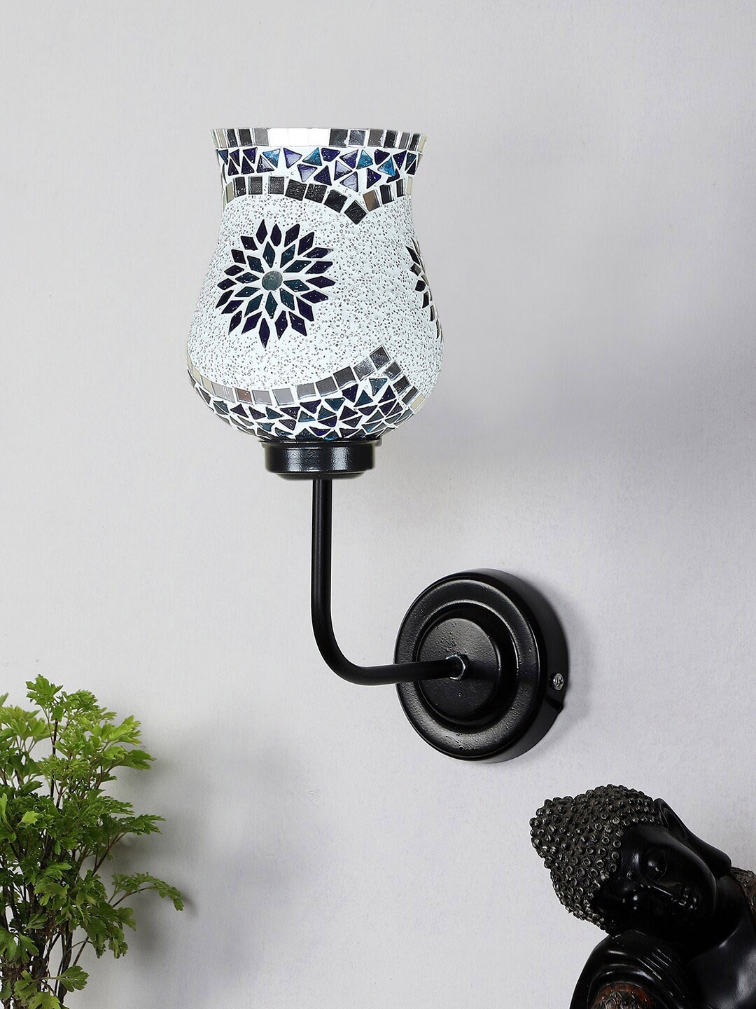 

Devansh White & Blue Textured Mosaic Glass Shade Wall Mounted Lamp With Iron Base